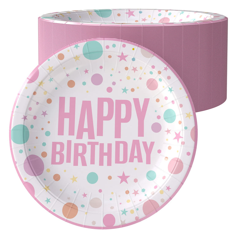 7 In. Pink Birthday Print Paper Plates - 50 Ct.