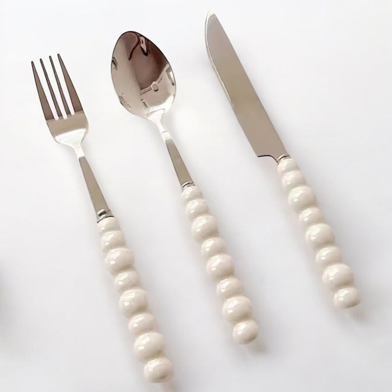 White Pearl Beaded Cutlery Set for Rent