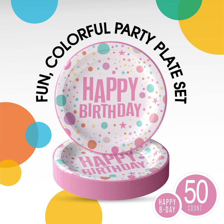 7 In. Pink Birthday Print Paper Plates - 50 Ct.