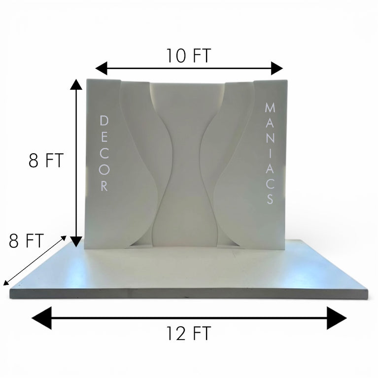 Measurement chart showing dimensions of a large white backdrop stand with 'Decor Maniacs' branding.