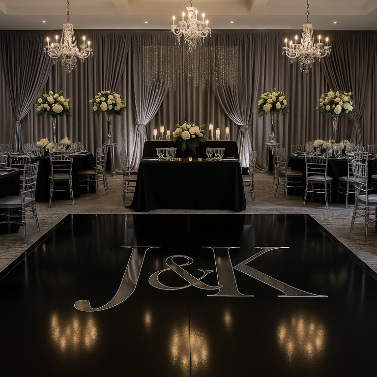 Decorated event space with tables, chairs, and floral arrangements in a formal setting.