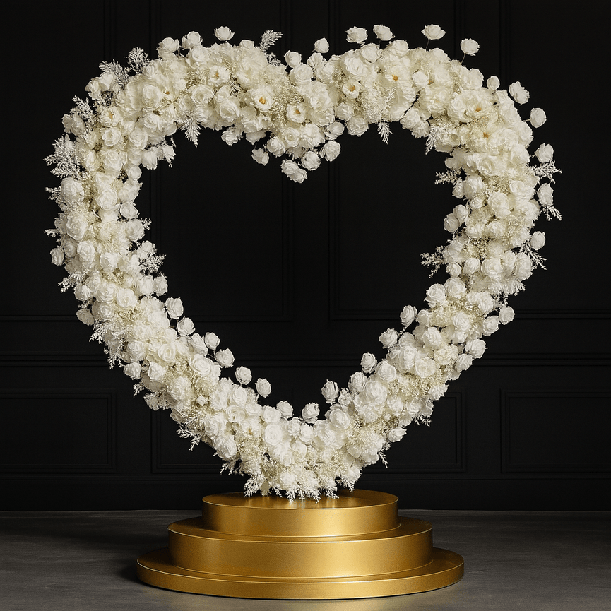 Heart Backdrop with White Floral Arrangement for Rent