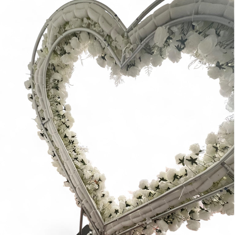 Heart Backdrop For Rent with White Flower Arrangement