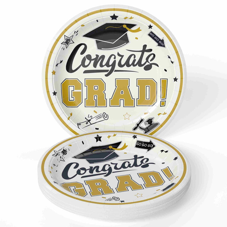 9 In. White/Gold Graduation Plates | 24 Count