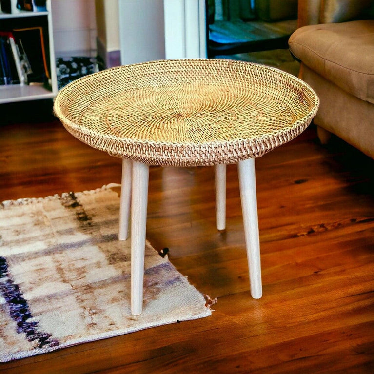 Round Handwoven Rattan Wicker Boho Coffee Table