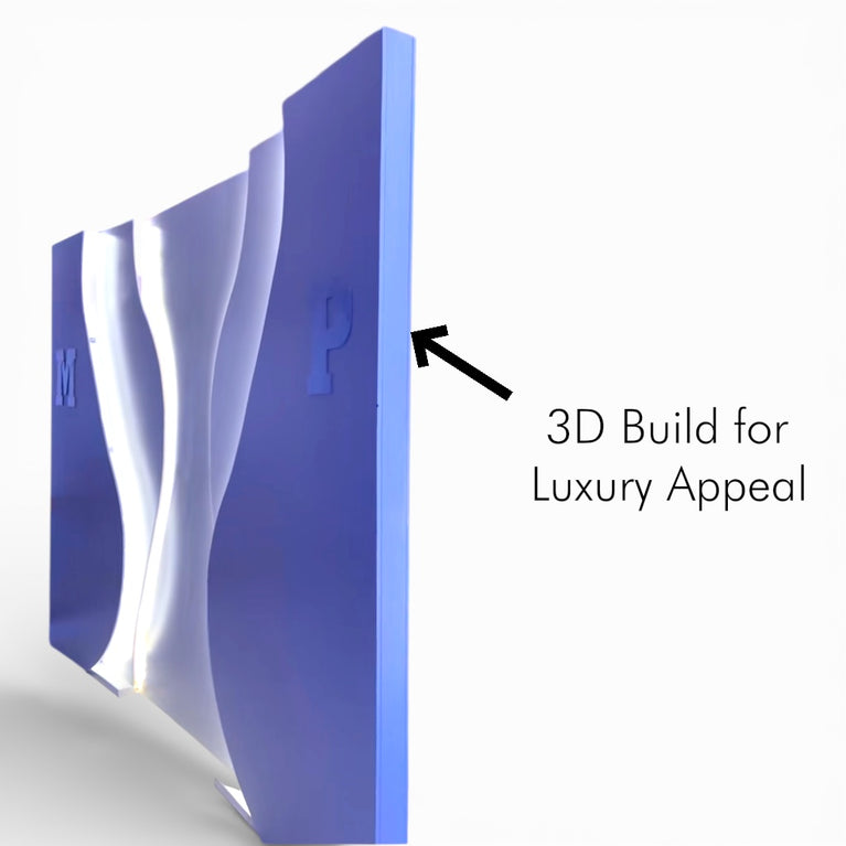 3D decorative backdrop wall panel with 'P' logo and text '3D Build for Luxury Appeal' on a white background.