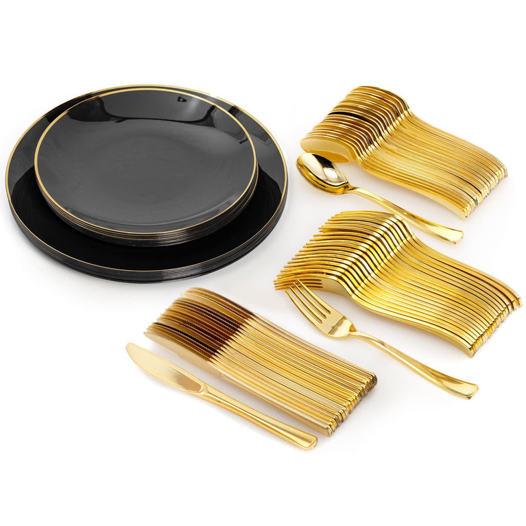10 In. Black & Gold Rim Design Plastic Plates | 120 Count