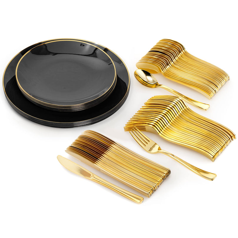 10 In. Black & Gold Rim Design Plastic Plates | 120 Count