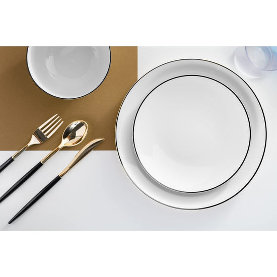 10 In. Classic White Plates Black Rim | 10 Count