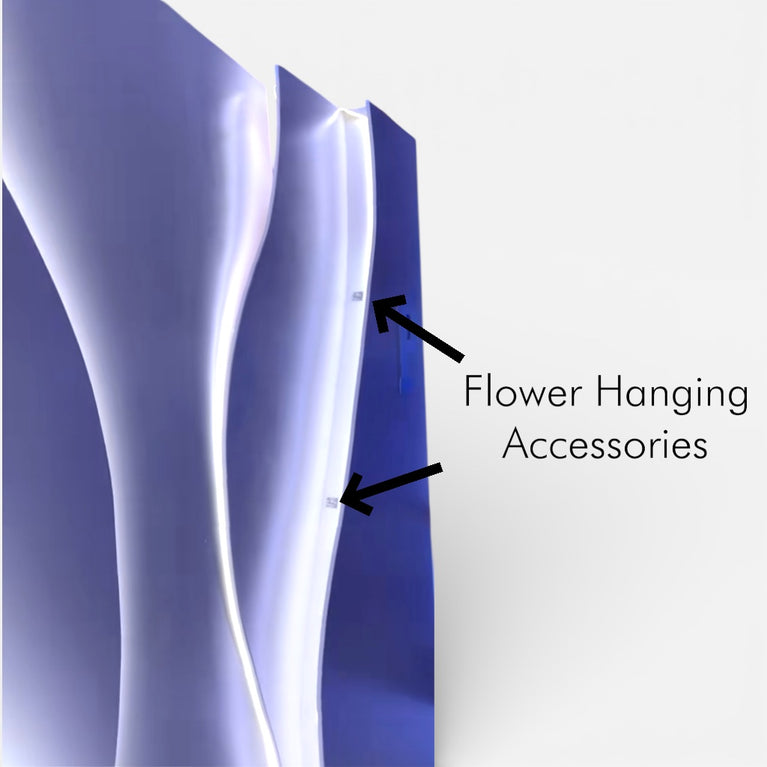 Decorative backdrop wall panel with 'Flower Hanging Accessories' text and arrows pointing to a specific area.