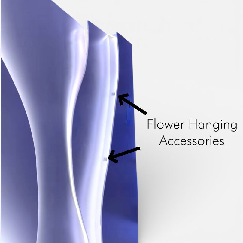 Decorative backdrop wall panel with 'Flower Hanging Accessories' text and arrows pointing to a specific area.