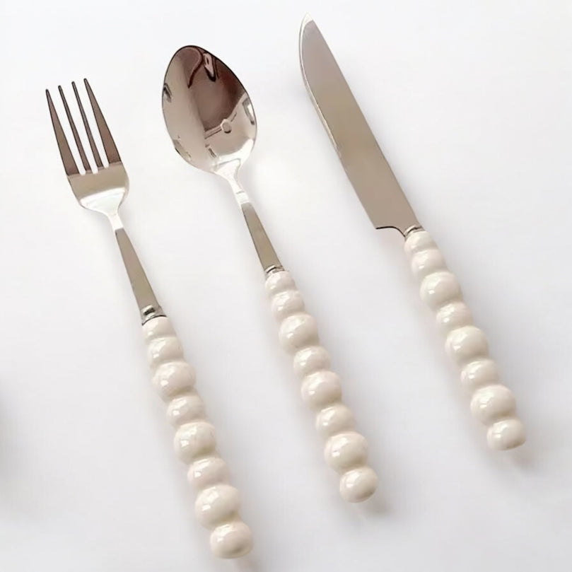 White Pearl Beaded Cutlery Set for Rent