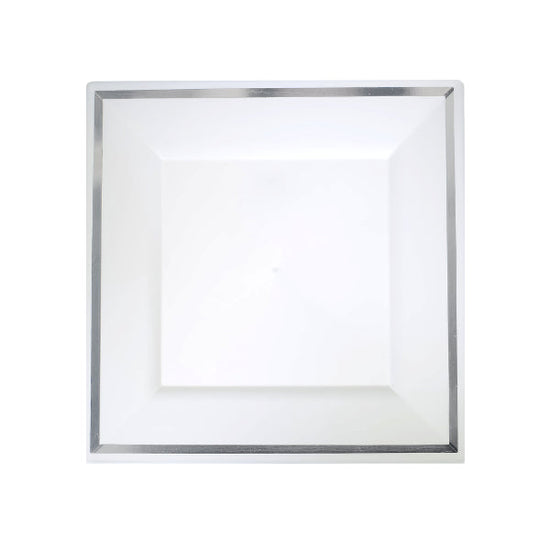 8 In. White/Silver Line Square Plates | 10 Count