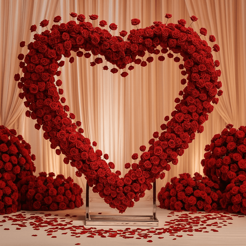 Heart Backdrop with Red Floral Arrangement for Rent