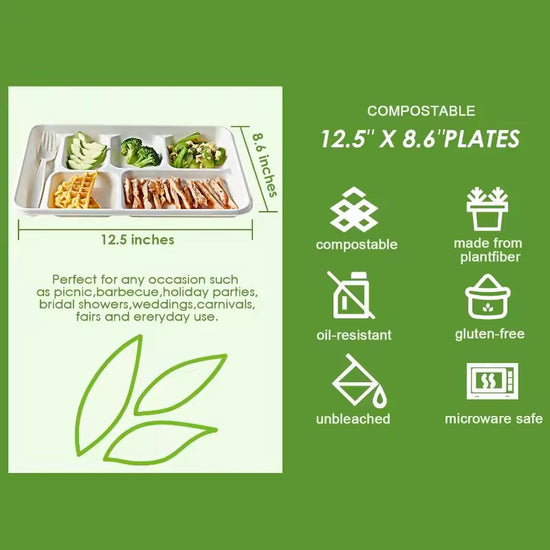 100% Compostable 6 Compartment Plates - Disposable 12.5 Inch 90-Pack