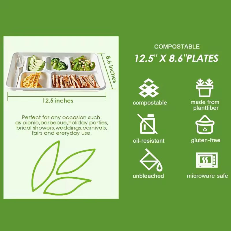 100% Compostable 6 Compartment Plates - Disposable 12.5 Inch 90-Pack
