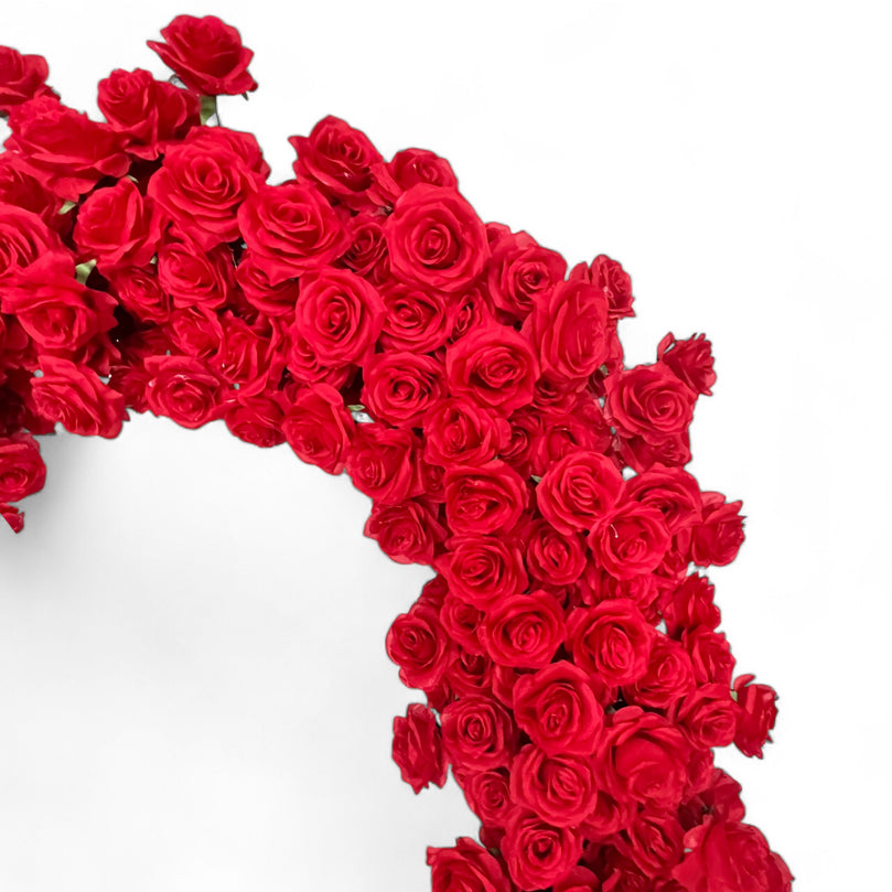 Heart Wedding Backdrop for Rent with Red Floral Arrangement