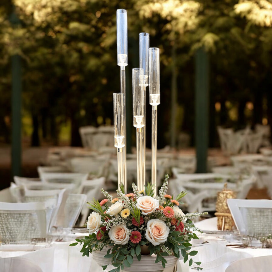 Centro de mesa para bodas con candelabro de acrílico de 5 brazos