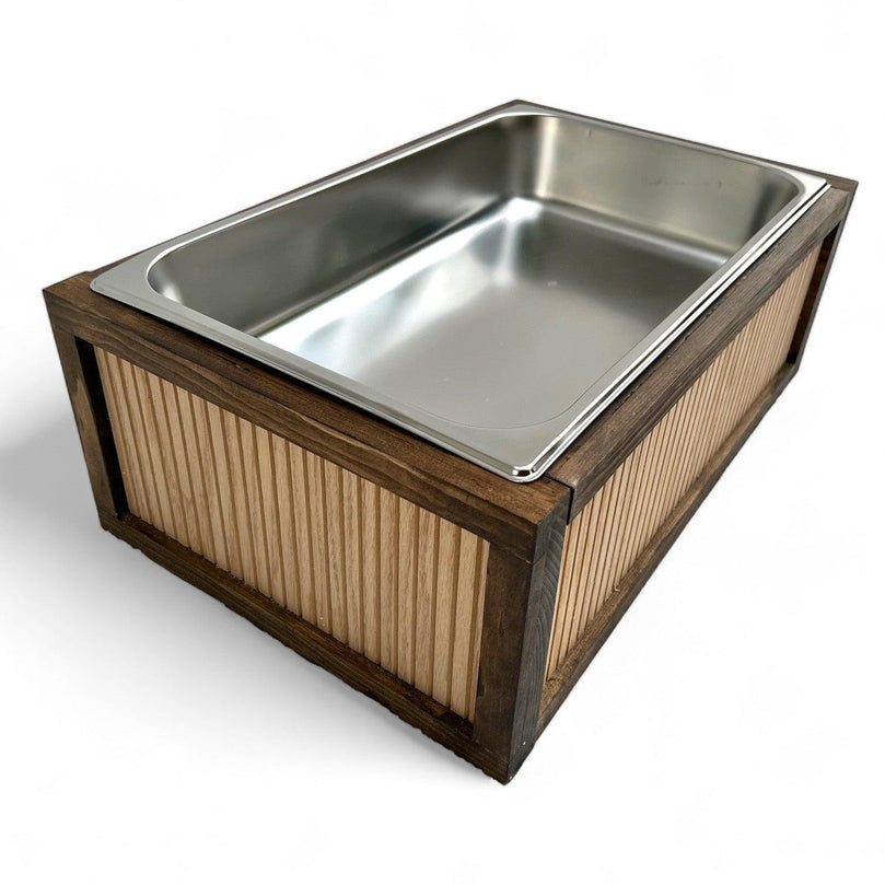 Grooved Buffet Riser with Chafing Dish: Rustic Wood Catering Serving Display - Décor Maniacs