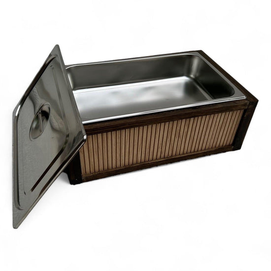 Grooved Buffet Riser with Chafing Dish: Rustic Wood Catering Serving Display - Décor Maniacs