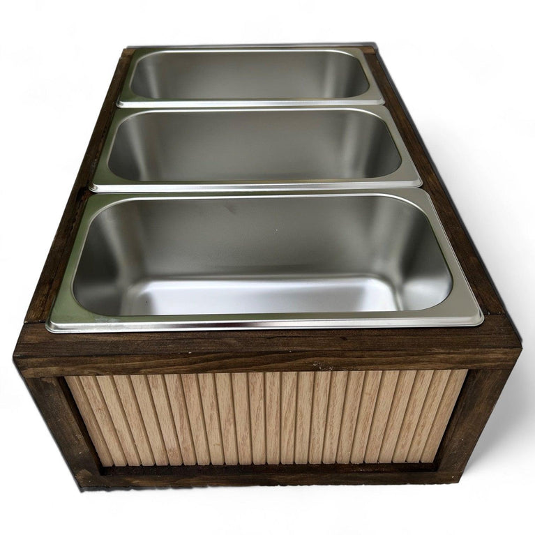 Grooved Buffet Riser with Chafing Dish: Rustic Wood Catering Serving Display - Décor Maniacs