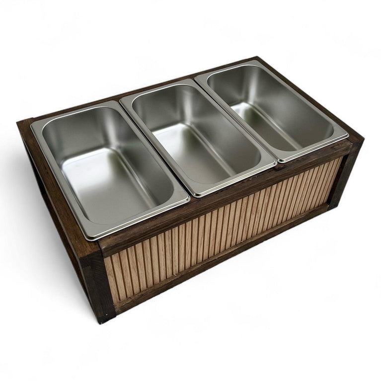 Grooved Buffet Riser with Chafing Dish: Rustic Wood Catering Serving Display - Décor Maniacs