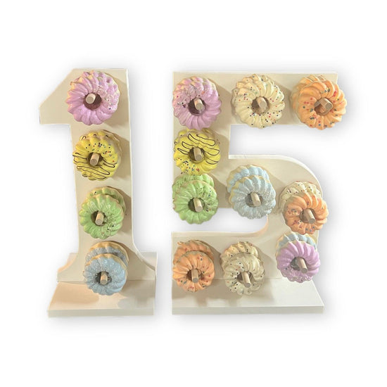 Donut Wall Personalized 15th Birthday Party Dessert Stands - Décor Maniacs