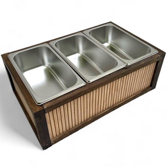 Grooved Buffet Riser with Chafing Dish: Rustic Wood Catering Serving Display - Décor Maniacs