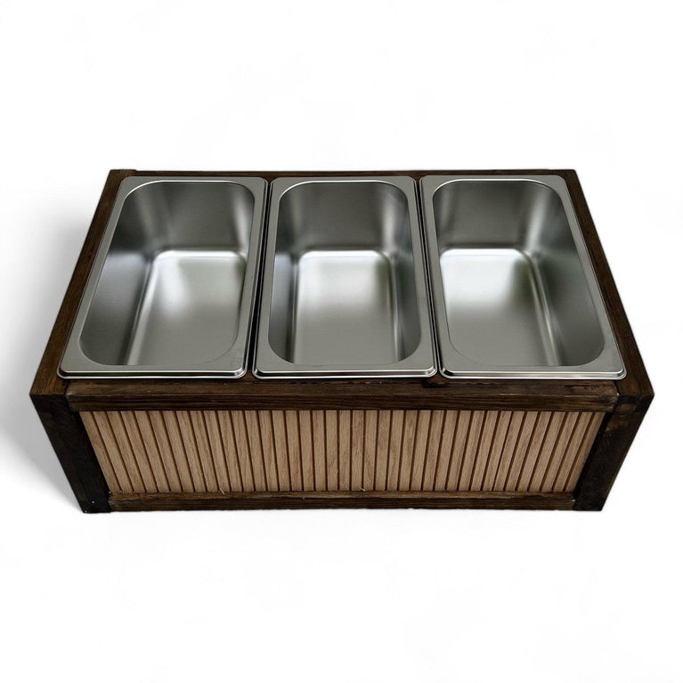 Grooved Buffet Riser with Chafing Dish: Rustic Wood Catering Serving Display - Décor Maniacs